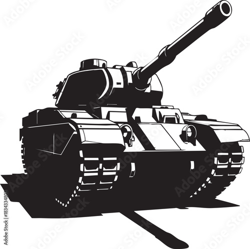 A detailed black silhouette of a heavy military tank with its cannon raised, presented against a stark white backdrop.