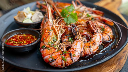 Grilled river prawns served on a black plate with dipping sauce and garnish on a wooden surface