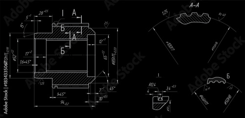 Vector sleeve. Engineering mechanical assembly drawing of steel device with hole, thread, dimension lines and cross section. Industrial technic cad scheme on paper sheet. Machine part.