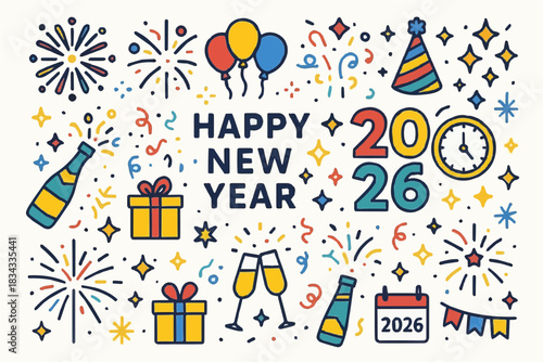 Happy New Year 2026 Festive Icons Set | Celebration Vector Pack