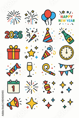 Happy New Year 2026 Festive Icons Set | Celebration Vector Pack