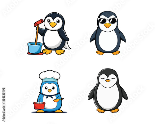 chubby penguin standing, wearing sunglasses, cleaning room, cooking cartoon vector design illustration collection Set, penguin wearing sunglasses, penguin cleaning room, penguin cooking, 
