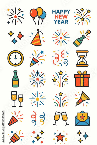 Happy New Year 2026 Festive Icons Set | Celebration Vector Pack