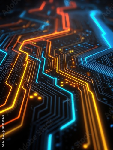 glowing neon circuit board with digital connections in futuristic technology design