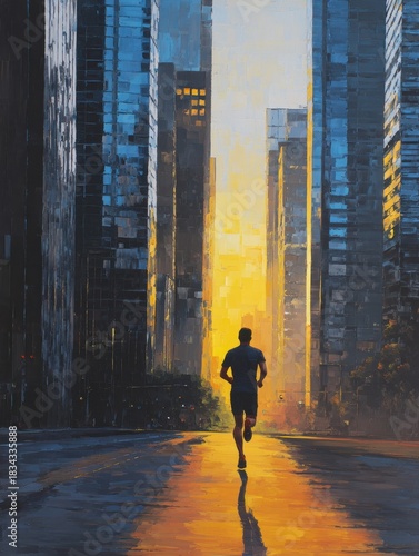 urban runner a person enjoys a jog in the city surrounded by skyscrapers and bathed in the golden light of sunrise