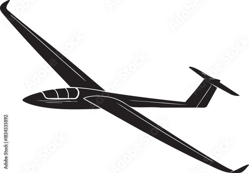 A black silhouette of a glider airplane is depicted in profile, soaring through the air with its wings extended.