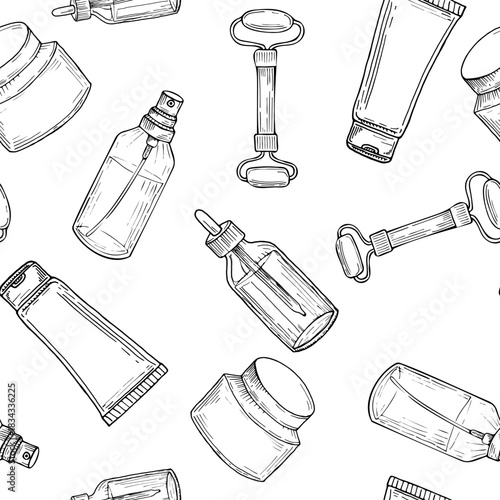 Seamless Pattern of Skincare and Beauty Products Hand-drawn seamless pattern of cosmetic containers and skincare tools, ideal for beauty product backgrounds, packaging, or branding