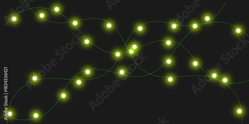 Glowing yellow-green fairy lights on a tangled string against a dark background.