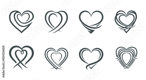 Collection of eight stylized heart designs in various abstract and interwoven forms.