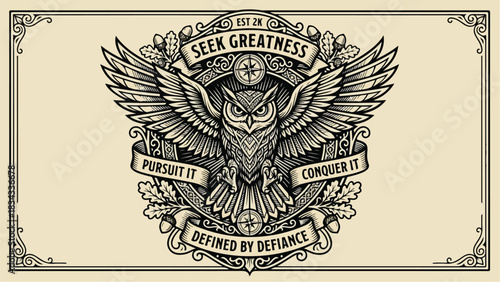 Intricate Owl Emblem: Seek Greatness Pursue It Conquer It Defined by Defiance.