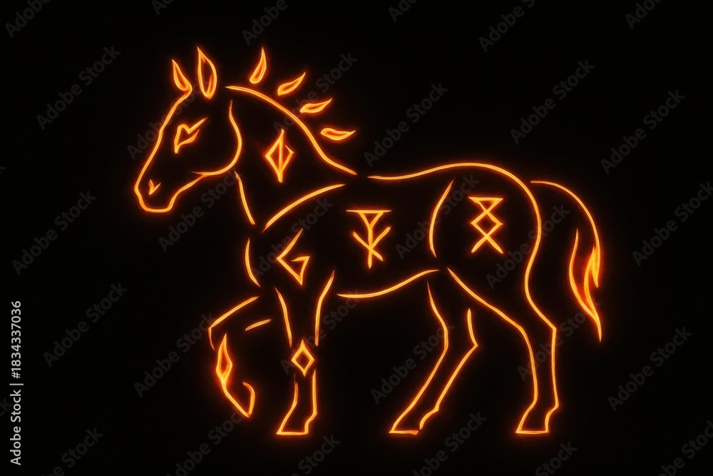 Fototapeta premium Glowing runic horse drawn in bright orange neon lines on a dark background with mystical symbols on its body