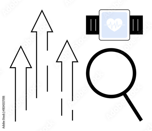 Arrows indicating upward trends, smartwatch for health monitoring, magnifying glass symbolizing analysis. Ideal for health, fitness, technology, growth, innovation data analysis lifestyle. Simple