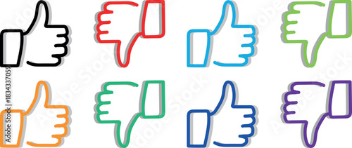Clean Coloful Outline Thumbs Up and Thumbs Down Symbols Representing Approval and Disapproval Icons for Web Interfaces, Review Platforms, and Mobile App Button Graphics