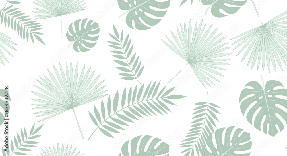 Fototapeta premium Seamless pattern of light green tropical leaves on a white background.