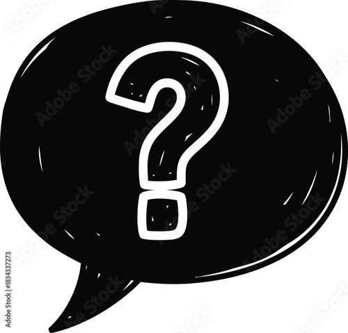 Doodle speech bubble with question mark icon, hand-drawn solid black on white, indicating inquiry, quick support sketch