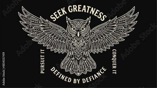 Intricate owl illustration with motivational words and wings spread wide.