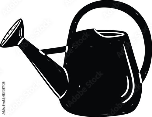 Doodle water can icon, hand-drawn solid black on white, with a crooked spout, simple gardening sketch