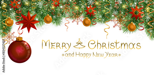 Merry Christmas and New Year red decorations with green fir branches and red ...