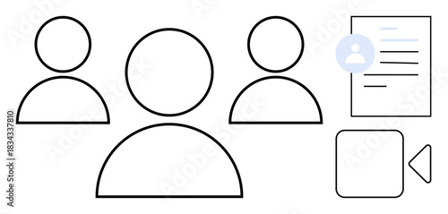 Remote work, virtual meetings, communication tools, networking, digital profiles, team collaboration. Minimalistic ion of people, profile document and video call icon. Remote work and communication