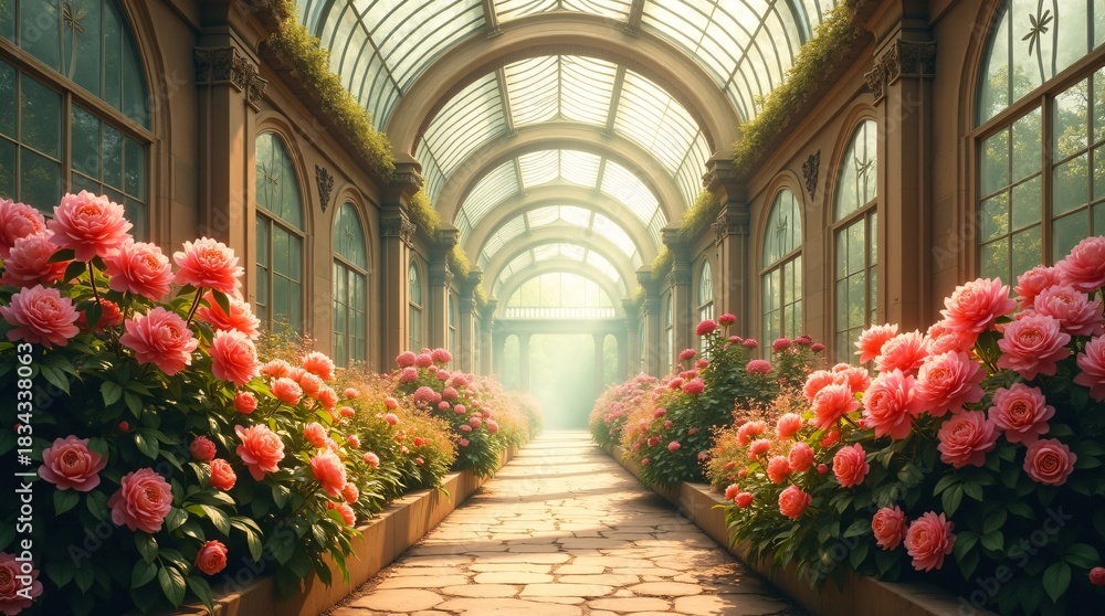 Fototapeta premium a stone path lined with vibrant pink blooms, under an arched glass ceiling.