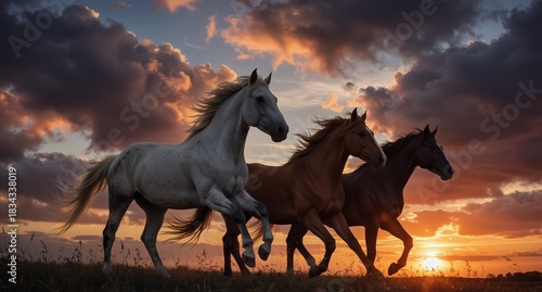 wild horses galloping in a field during a vibrant golden sunset with dramatic clouds