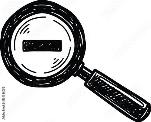 Hand-drawn magnifying glass minus icon, doodle solid black on white, indicating zoom out, quick detail removal sketch