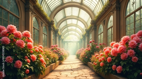 Fototapeta Naklejka Na Ścianę i Meble -  a stone path lined with vibrant pink blooms, under an arched glass ceiling.