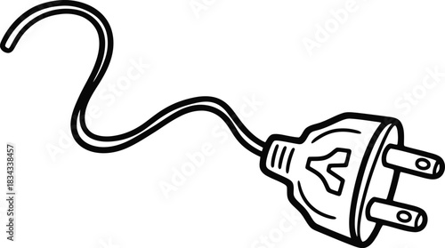 Hand-drawn power cord icon, doodle solid black on white, with a wobbly plug, simple electricity sketch