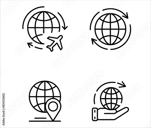 Global reach and connection icons convey international business, travel, and worldwide communication in a modern, simple design for your next project.