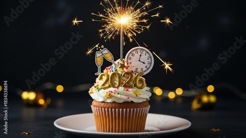 New Year 2026 Cupcake With Sparkler and Champagne Glasses