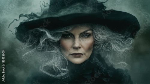 Witch with gray hair in a dark scene with smoke and mystery