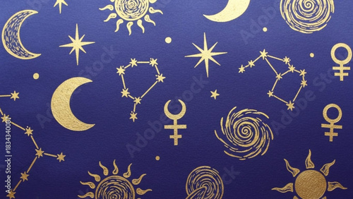 Celestial pattern with golden suns moons stars constellations and venus symbols on a dark blue background
