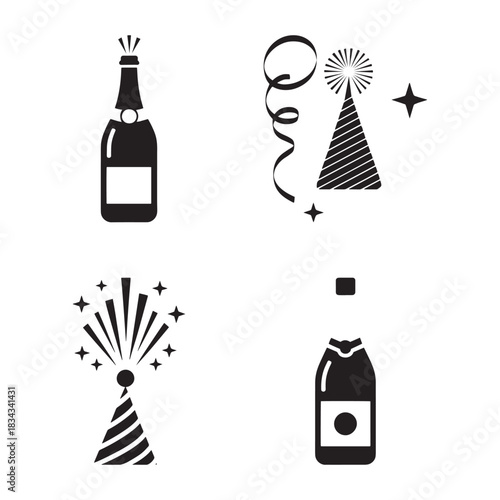 Celebration icons featuring champagne bottles and party hats