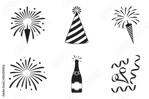 Collection of black and white celebration icons including fireworks party hat and champagne bottle