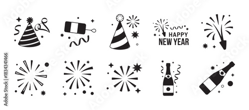 New year celebration icons with fireworks and party hats