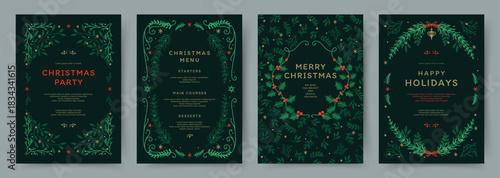 Christmas and New Year's holidays card set. Elegant backgrounds with floral frames, Christmas tree, wreath of winter plants. Vector templates for card, banner, cover, poster, ads, invitation, menu