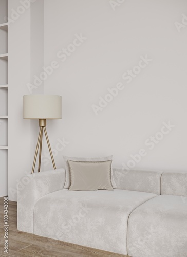 Minimalistic interior in cloud dancer trend color of the year 2026. White palette design and empty background wall for art. 3d render