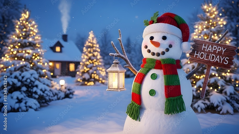 Obraz premium Festive snowman scene with christmas trees and holiday sign