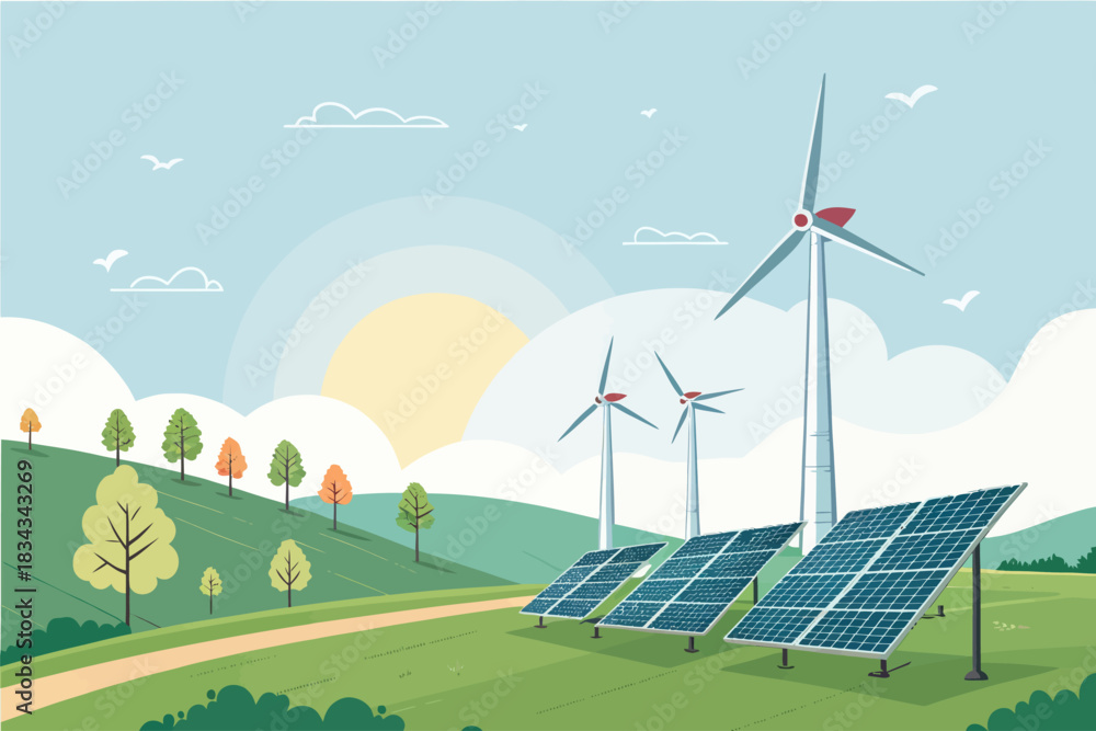 Fototapeta premium Vibrant Solar and Wind Energy Systems in Colorful Skies