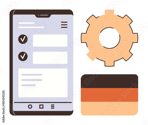 Smartphone displaying task checklist, credit card, and gear icon for settings, automation, and productivity. Ideal for finance, technology, banking, business e-commerce management automation