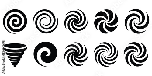 Collection of ten abstract swirling vortex and spiral graphic elements representing energy motion and dynamic movement in black and white