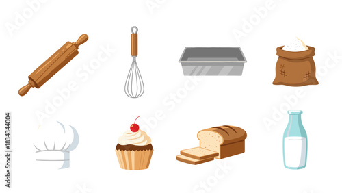Collection of baking tool and ingredient icon set
