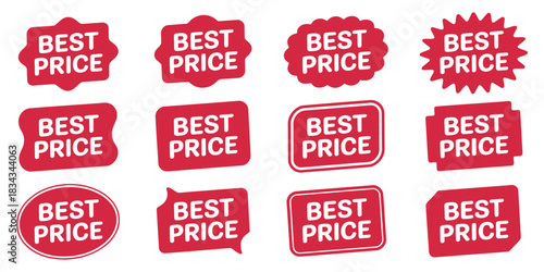 Collection of twelve distinct red sale price tags and labels featuring the words best price in white text for retail promotions