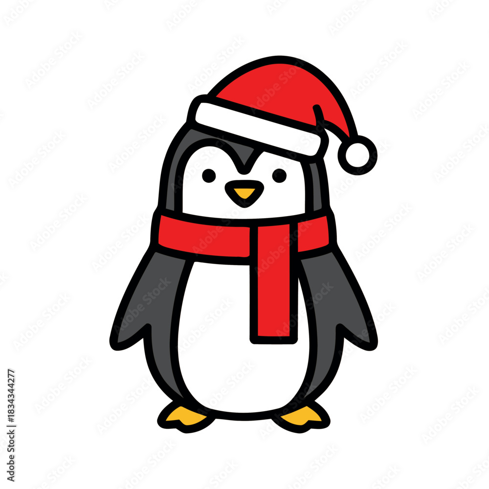 Fototapeta premium Cartoon Penguin Wearing a Red Santa Hat and Scarf Standing Upright