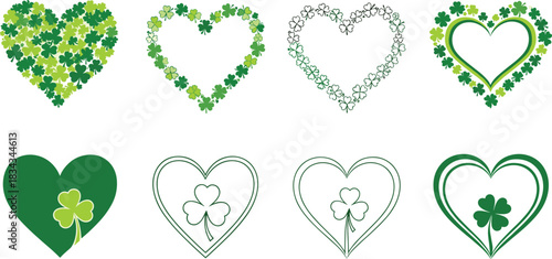 heart, shamrock, clover, love, Irish, green, lucky, festive, StPatrick, outline, solid, botanical, illustration, decorative, design