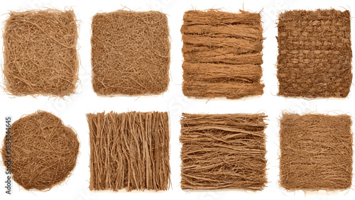 Eight different texture samples of natural brown coir fiber