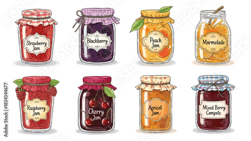 Collection of eight different fruit jam jars with handwritten labels