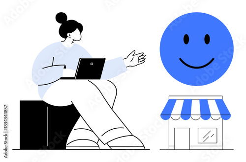 Customer satisfaction. A professional explaining strategies for customer satisfaction with a storefront and happy face. Customer satisfaction improves loyalty and business success. For marketing