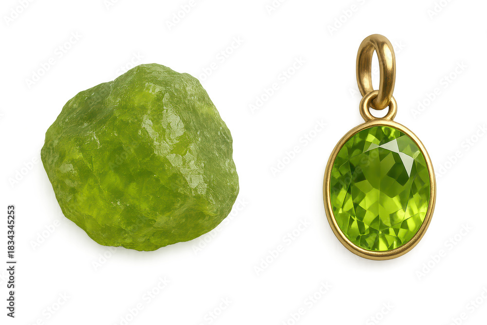 Naklejka premium Rough and faceted peridot gemstones isolated on transparent background.