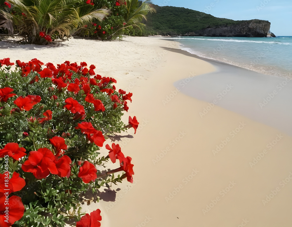 Obraz premium A gorgeous beach with red flowers, Happy New Year. Red flowers on the beach in the summer.